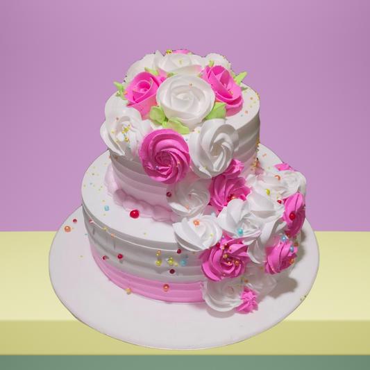 White and Pink Flowers 2-Tier Birthday Cake