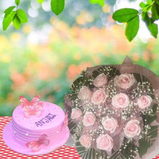 Special Combo: Cake with Flowers Bouquet for Birthday Celebration