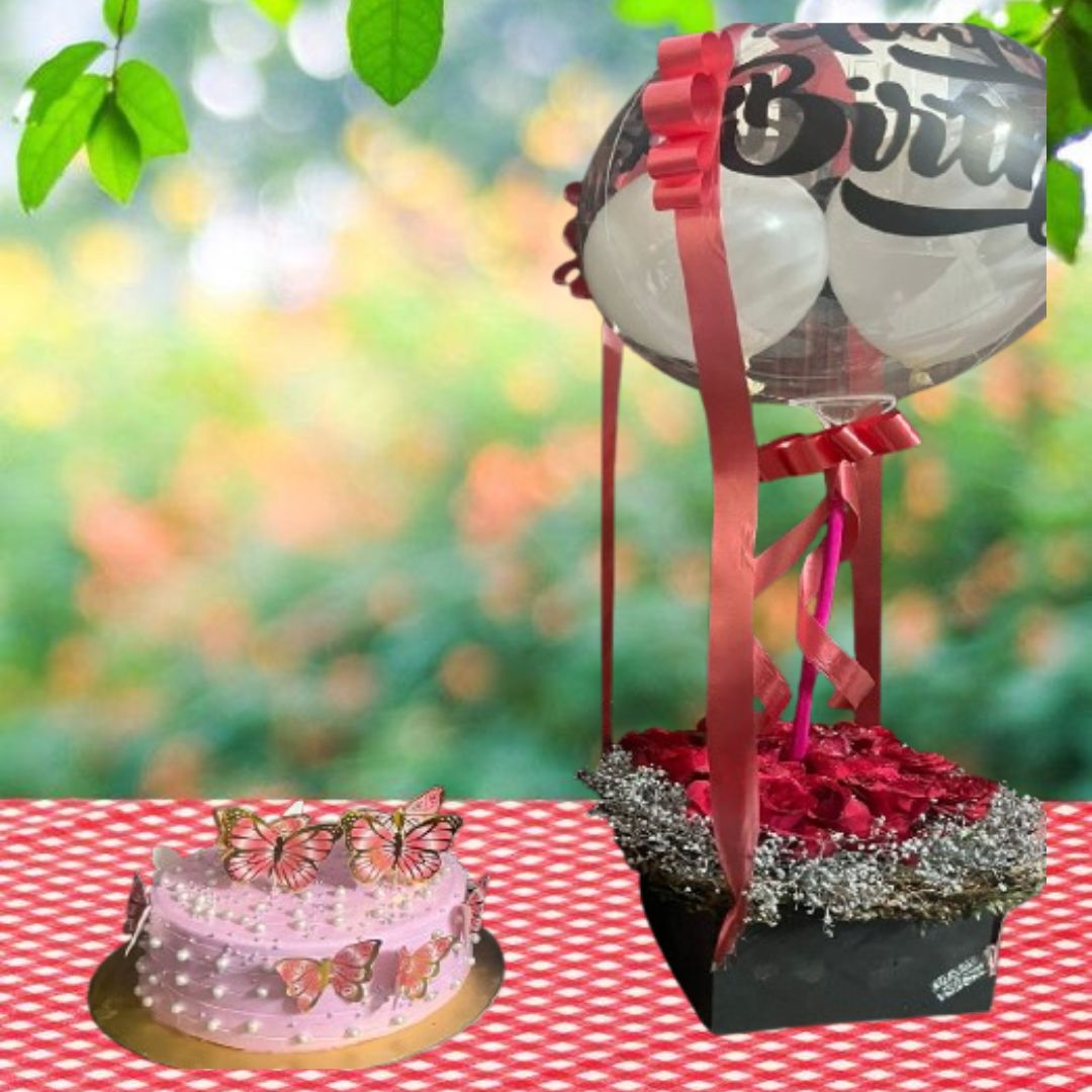 Cake with Bouquet and Balloons for Birthday Celebration